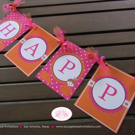 Pink Pumpkin Happy Birthday Banner Party Fall Barn Farm Little Girl Country Orange Harvest Rustic Autumn Boogie Bear Invitations Chloe Theme