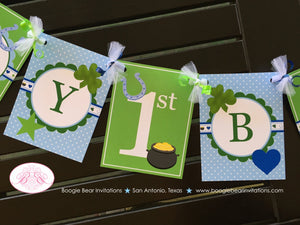 Lucky Charm Birthday Party Banner Boy Happy St. Patrick's Day Blue Polka Dot Green Shamrock Heart Star Boogie Bear Invitations Desmond Theme
