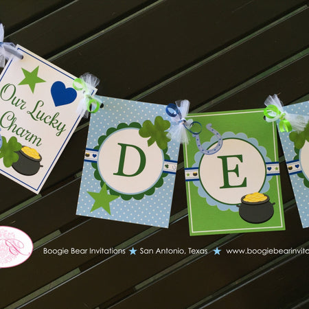 Lucky Charm Birthday Party Name Banner St. Patrick's Day Blue Boy Heart Star Clover Horseshoe Shamrock Boogie Bear Invitations Desmond Theme