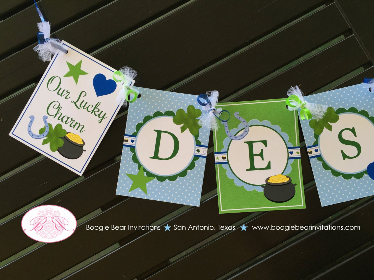 Lucky Charm Birthday Party Name Banner St. Patrick's Day Blue Boy Heart Star Clover Horseshoe Shamrock Boogie Bear Invitations Desmond Theme