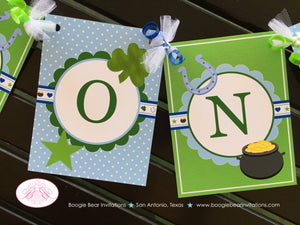 Lucky Charm Birthday Party Name Banner St. Patrick's Day Blue Boy Heart Star Clover Horseshoe Shamrock Boogie Bear Invitations Desmond Theme