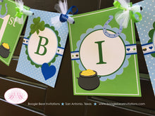Load image into Gallery viewer, Lucky Charm Birthday Party Banner Boy Happy St. Patrick&#39;s Day Blue Polka Dot Green Shamrock Heart Star Boogie Bear Invitations Desmond Theme
