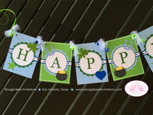 Load image into Gallery viewer, Lucky Charm Birthday Party Banner Boy Happy St. Patrick&#39;s Day Blue Polka Dot Green Shamrock Heart Star Boogie Bear Invitations Desmond Theme