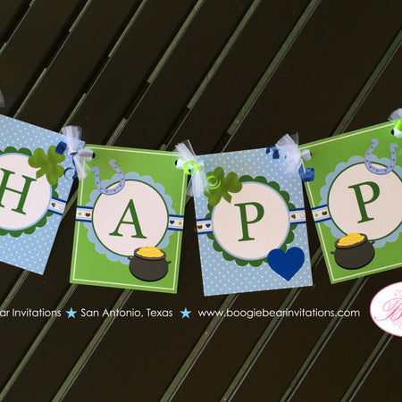 Lucky Charm Birthday Party Banner Boy Happy St. Patrick's Day Blue Polka Dot Green Shamrock Heart Star Boogie Bear Invitations Desmond Theme