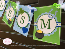 Load image into Gallery viewer, Lucky Charm Birthday Party Name Banner St. Patrick&#39;s Day Blue Boy Heart Star Clover Horseshoe Shamrock Boogie Bear Invitations Desmond Theme