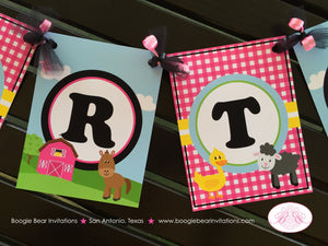 Pink Farm Animals Birthday Party Banner Happy Petting Zoo Barn Girl Country Cow Pig Horse Sheep Boogie Bear Invitations Paisley Theme