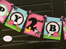 Load image into Gallery viewer, Pink Farm Animals Birthday Party Banner Happy Petting Zoo Barn Girl Country Cow Pig Horse Sheep Boogie Bear Invitations Paisley Theme