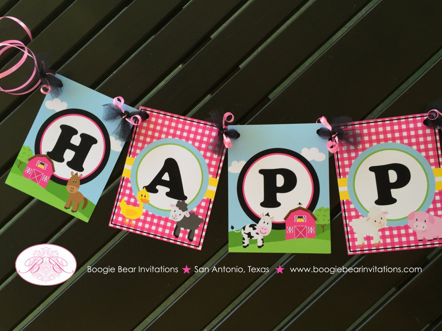 Pink Farm Animals Birthday Party Banner Happy Petting Zoo Barn Girl Country Cow Pig Horse Sheep Boogie Bear Invitations Paisley Theme