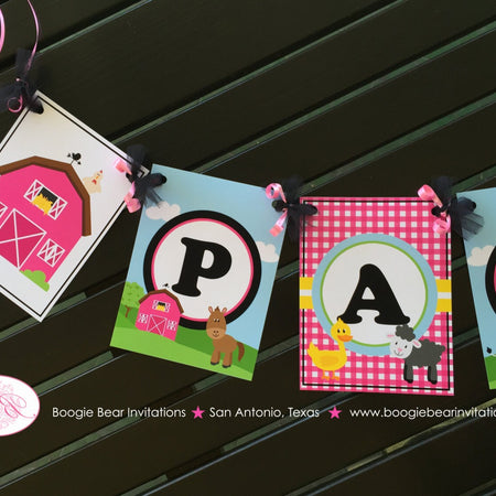 Pink Farm Animals Party Name Banner Banner Birthday Girl Petting Zoo Cow Pig Horse Barn Country Ranch Boogie Bear Invitations Paisley Theme