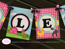 Load image into Gallery viewer, Pink Farm Animals Party Name Banner Banner Birthday Girl Petting Zoo Cow Pig Horse Barn Country Ranch Boogie Bear Invitations Paisley Theme