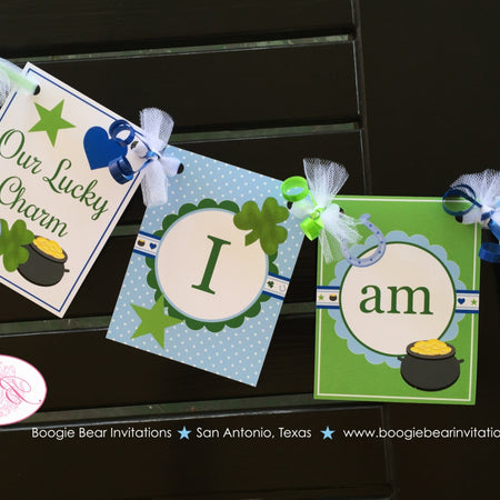 Lucky Charm Highchair I am 1 Banner Birthday Party Shamrock Boy Blue Dot Heart Star Green Clover 1st Boogie Bear Invitations Desmond Theme
