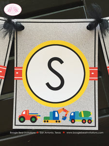 Construction Vehicles Party Name Banner Birthday Caution Modern Zone Boy Dump Truck Front Loader Car Boogie Bear Invitations Russell Theme
