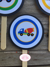 Load image into Gallery viewer, Construction Vehicles Cupcake Toppers Birthday Party Big Dump Truck Crane Caution Yellow Black Worker Boogie Bear Invitations Russell Theme