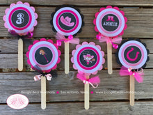 Load image into Gallery viewer, Chalkboard Cowgirl Pink Cupcake Toppers Birthday Party Horse Pony Girl Hat Boots Country Farm Barn Boogie Bear Invitations Annie Theme