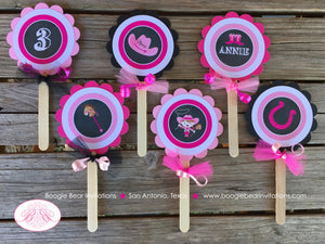 Chalkboard Cowgirl Pink Cupcake Toppers Birthday Party Horse Pony Girl Hat Boots Country Farm Barn Boogie Bear Invitations Annie Theme