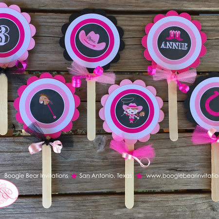 Chalkboard Cowgirl Pink Cupcake Toppers Birthday Party Horse Pony Girl Hat Boots Country Farm Barn Boogie Bear Invitations Annie Theme