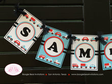 Load image into Gallery viewer, Cars Trucks Birthday Banner Small Party Vehicles Stoplight Girl Boy Red Blue Black Retro Travel Road Trip Boogie Bear Invitations Sam Theme