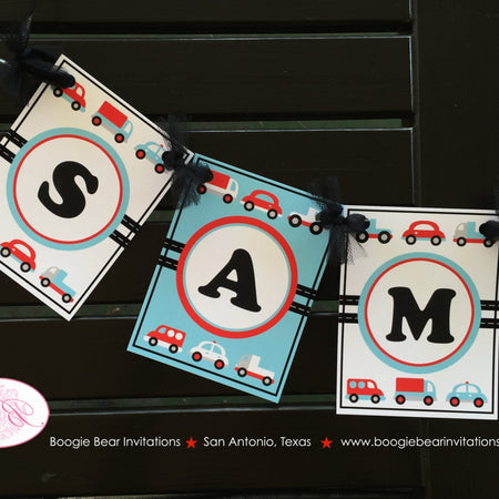 Cars Trucks Birthday Banner Small Party Vehicles Stoplight Girl Boy Red Blue Black Retro Travel Road Trip Boogie Bear Invitations Sam Theme