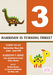 Dinosaur Birthday Party Invitation Boy Girl Dino Retro Burlap Stomp Roar Boogie Bear Invitations Harrison Theme Paperless Printable Printed