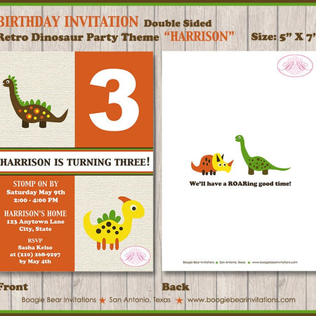 Dinosaur Birthday Party Invitation Boy Girl Dino Retro Burlap Stomp Roar Boogie Bear Invitations Harrison Theme Paperless Printable Printed