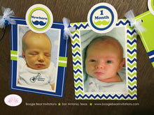 Load image into Gallery viewer, Mustache Bash Photo Timeline Banner Happy 1st Birthday Little Man Lime Green Navy Blue White Moustache Boogie Bear Invitations Walter Theme