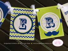 Load image into Gallery viewer, Mustache Bash Birthday Party Name Banner Little Man Chevron Boy Navy Blue Lime Green Hip 1st 2nd 3rd Boogie Bear Invitations Walter Theme