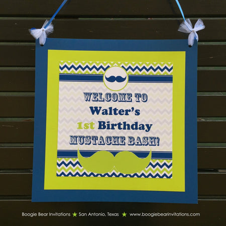 Mustache Bash Birthday Party Door Banner Boy Happy Chevron Modern Lime Green Navy Blue Little Man Retro Boogie Bear Invitations Walter Theme