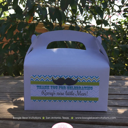 Mustache Bash Baby Shower Party Treat Boxes Boy Little Man Chevron Grey Blue Lime Green Silver Art Deco Boogie Bear Invitations Remy Theme