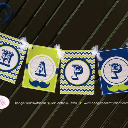 Mustache Bash Happy Birthday Banner Party Boy Lime Green Navy Blue White Chevron Stripe Silhouette 1st Boogie Bear Invitations Walter Theme