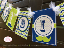 Load image into Gallery viewer, Mustache Bash Happy Birthday Banner Party Boy Lime Green Navy Blue White Chevron Stripe Silhouette 1st Boogie Bear Invitations Walter Theme