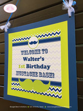 Load image into Gallery viewer, Mustache Bash Birthday Party Door Banner Boy Happy Chevron Modern Lime Green Navy Blue Little Man Retro Boogie Bear Invitations Walter Theme
