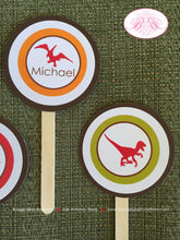 Load image into Gallery viewer, Dinosaur Birthday Party Cupcake Toppers Red Orange Green Brown Boy Girl Paleontology Stomp Prehistoric Boogie Bear Invitations Michael Theme