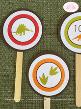 Load image into Gallery viewer, Dinosaur Birthday Party Cupcake Toppers Red Orange Green Brown Boy Girl Paleontology Stomp Prehistoric Boogie Bear Invitations Michael Theme