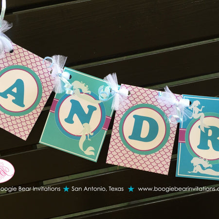 Mermaid Pool Birthday Party Small Banner Girl Swimming Swim Ocean Beach Sea Purple Teal Aqua Turquoise Boogie Bear Invitations Andrina Theme