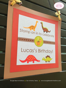 Little Dinosaur Birthday Party Door Banner Boy Girl Red Orange Yellow Green Brown Prehistoric Jurassic Boogie Bear Invitations Lucas Theme