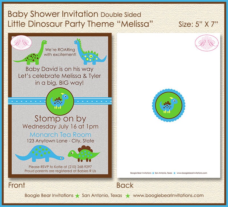 Little Dinosaur Baby Shower Invitation Party Blue Green Boy Girl 1st 2nd Boogie Bear Invitations Melissa Theme Paperless Printable Printed