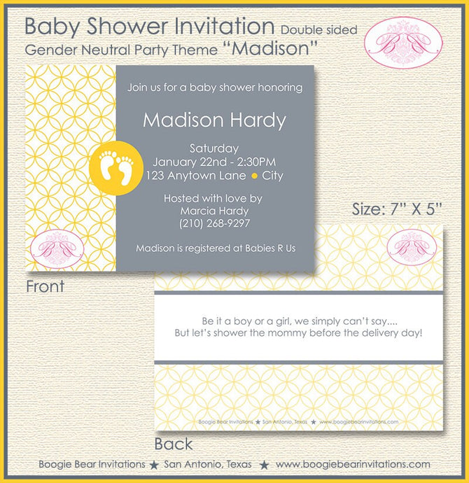 Yellow Grey Footprints Baby Shower Invitation Gender Neutral Boy Girl 1st Boogie Bear Invitations Madison Theme Paperless Printable Printed