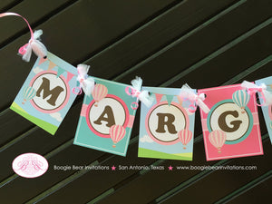 Hot Air Balloon Birthday Party Banner Small Pink Teal Aqua Turquoise Brown Ribbon Girl 1st 2nd 3rd Boogie Bear Invitations Margaret Theme