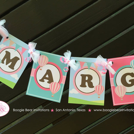 Hot Air Balloon Birthday Party Banner Small Pink Teal Aqua Turquoise Brown Ribbon Girl 1st 2nd 3rd Boogie Bear Invitations Margaret Theme