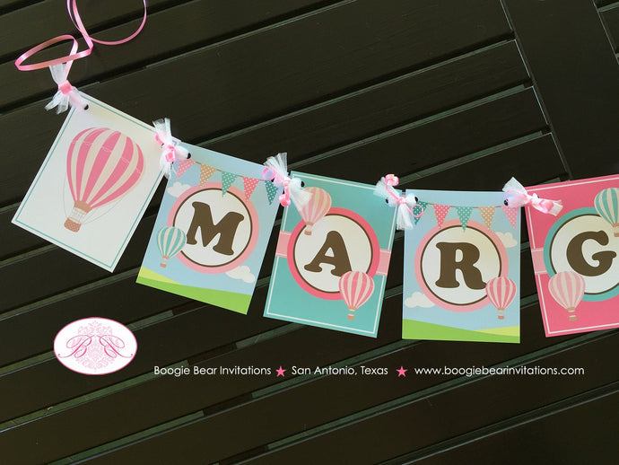 Hot Air Balloon Party Name Banner Birthday Girl Pink Teal Aqua Turquoise Soar Ride Flying Aeronaut Boogie Bear Invitations Margaret Theme