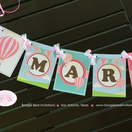 Hot Air Balloon Party Name Banner Birthday Girl Pink Teal Aqua Turquoise Soar Ride Flying Aeronaut Boogie Bear Invitations Margaret Theme