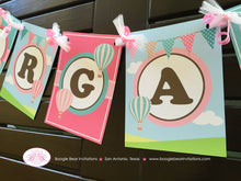 Load image into Gallery viewer, Hot Air Balloon Party Name Banner Birthday Girl Pink Teal Aqua Turquoise Soar Ride Flying Aeronaut Boogie Bear Invitations Margaret Theme