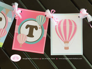 Hot Air Balloon Party Name Banner Birthday Girl Pink Teal Aqua Turquoise Soar Ride Flying Aeronaut Boogie Bear Invitations Margaret Theme