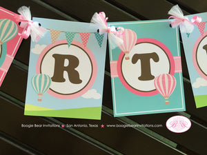 Hot Air Balloon Happy Birthday Banner Party Girl Pink Teal Aqua Turquoise 1st 2nd 3rd 4th 5th 6th 7th Boogie Bear Invitations Margaret Theme