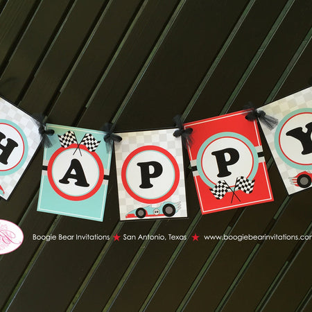 Race Car Happy Birthday Party Banner Driver Racing Red Black Aqua Blue Racecar Driver Retro Girl Boy Boogie Bear Invitations Danica Theme