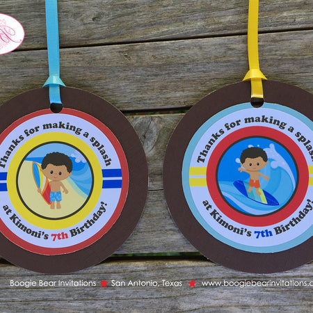 Surfer Boy Birthday Party Favor Tags Swimming Red Blue Yellow Brown Surf Surfing Swim Pool Ocean Island Boogie Bear Invitations Kimoni Theme
