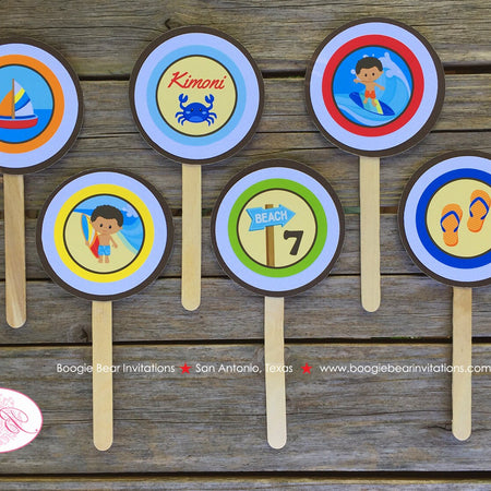 Surfer Boy Party Cupcake Toppers Birthday Beach Ocean Swimming Pool Swim Surfing Island Aloha Tropical Boogie Bear Invitations Kimoni Theme