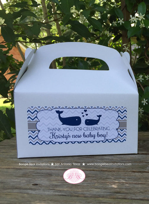 Navy Blue Whale Baby Shower Treat Boxes Favor Tags Bag Box Boy Girl Royal Grey White Chevron Boogie Bear Invitations Kristy Theme Printed