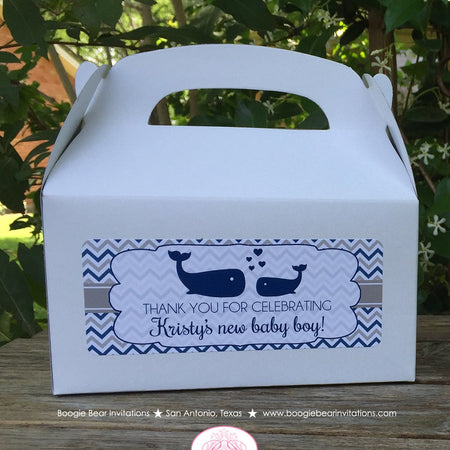 Navy Blue Whale Baby Shower Treat Boxes Favor Tags Bag Box Boy Girl Royal Grey White Chevron Boogie Bear Invitations Kristy Theme Printed