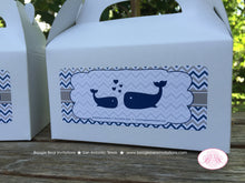 Load image into Gallery viewer, Navy Blue Whale Baby Shower Treat Boxes Favor Tags Bag Box Boy Girl Royal Grey White Chevron Boogie Bear Invitations Kristy Theme Printed